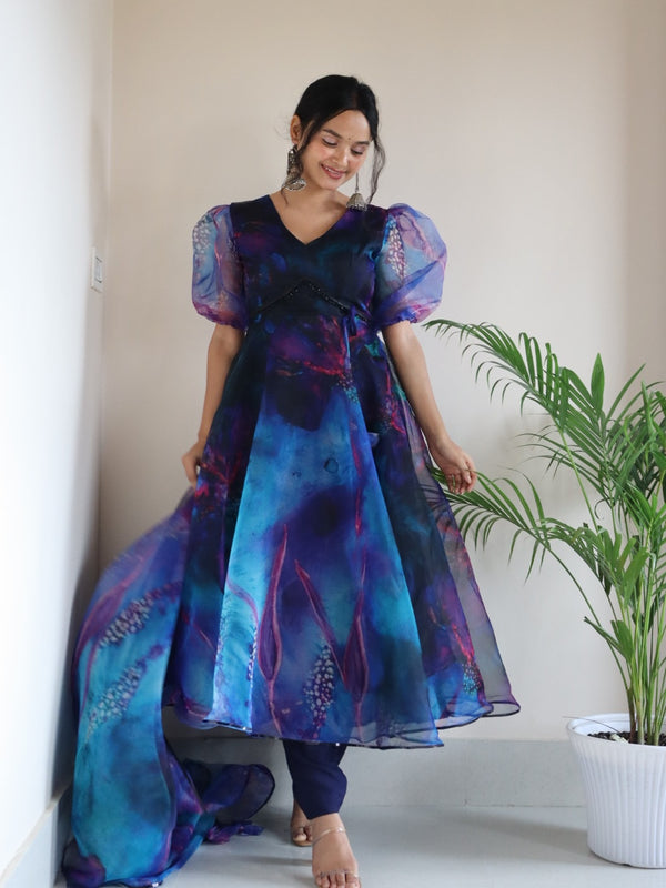 Digital printed pure Organza silk Anarkali suit of huge flair