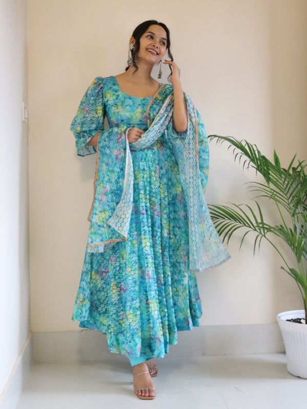 Digital printed French net Anarkali suit