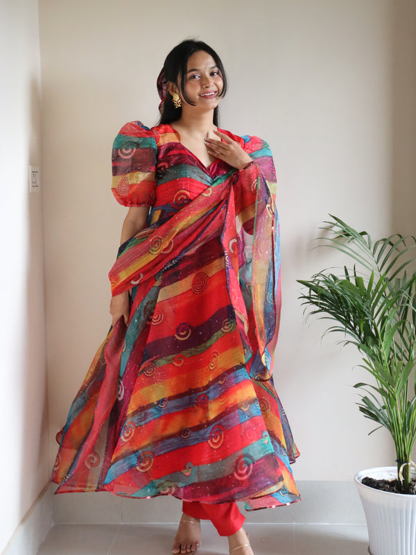 Digital printed pure organza silk Anarkali suit
