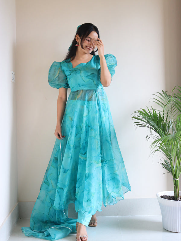 Digital printed pure organza silk Anarkali Front Slit suit