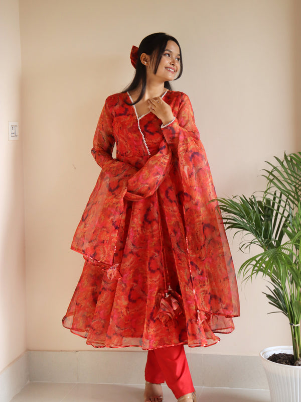 Digital printed pure organza silk Anarkali suit of huge flair with Lace Border