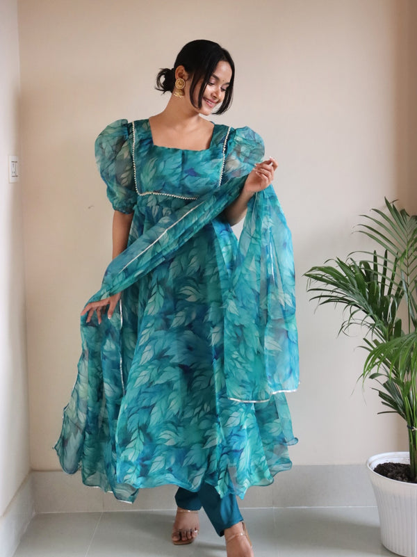 Digital printed pure organza silk Anarkali Front Slit suit