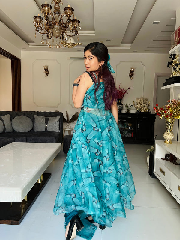 Digital printed pure organza silk Anarkali Front Slit suit