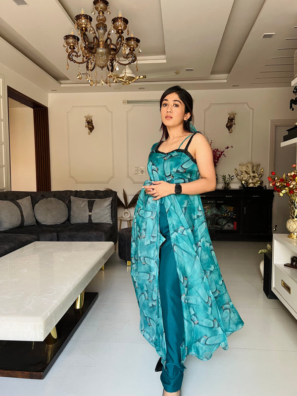 Digital printed pure organza silk Anarkali Front Slit suit of huge flair with Lace Border