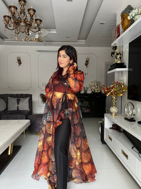 Digital printed pure organza silk Anarkali Front Slit suit