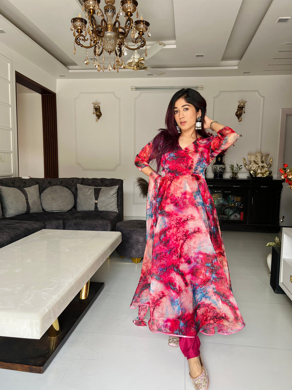 Digital printed pure organza silk Anarkali suit