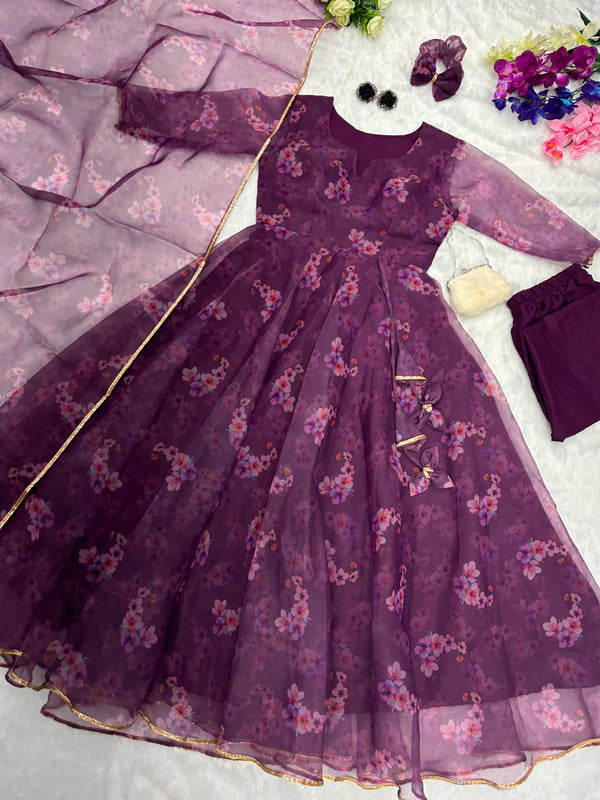 Digital printed organza silk Anarkali suit