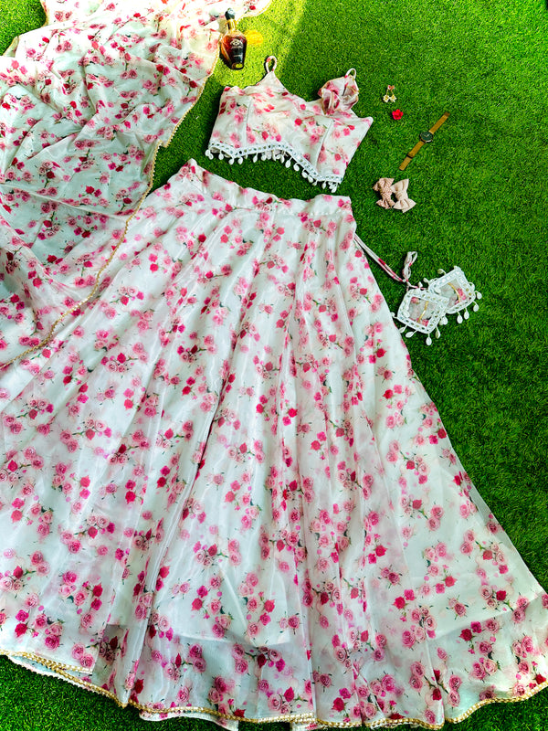 Floral printed Pure Jimmy organza silk lehenga