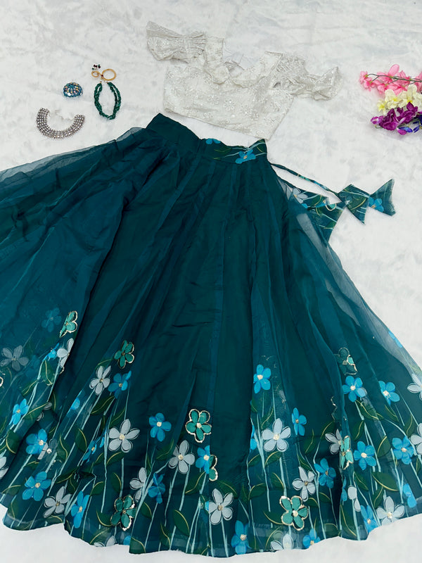 Pure organza silk floral printed Kali lehenga