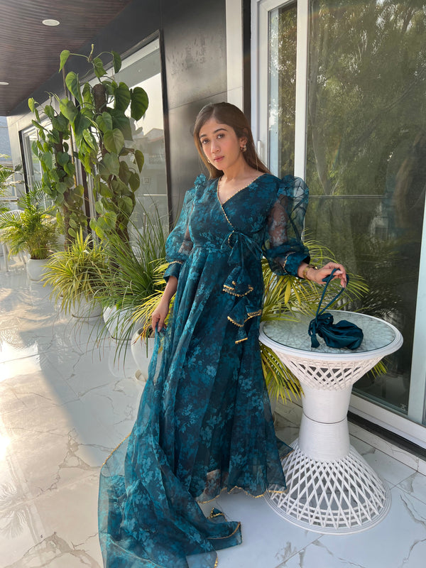 Digital printed pure organza silk Anarkali suit of huge flair