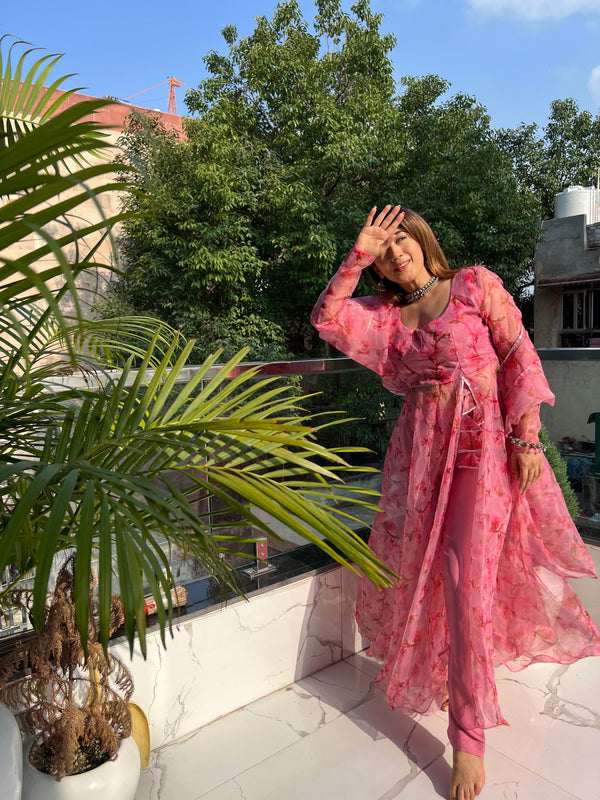 Digital printed pure organza silk Anarkali Front Slit suit