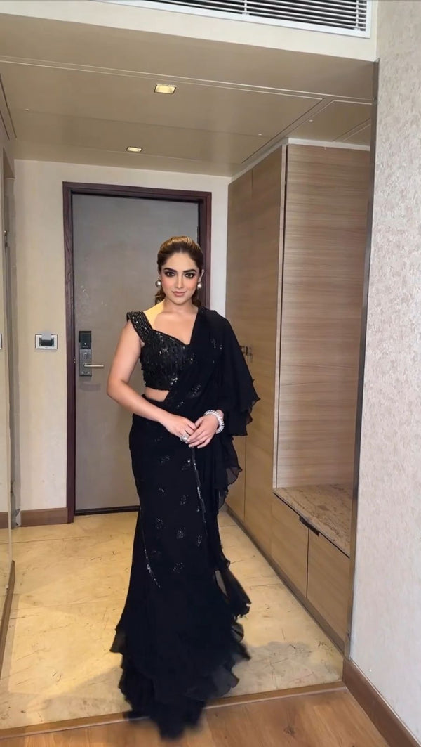 pure Georgette fabric with Sequins work ruffle saree