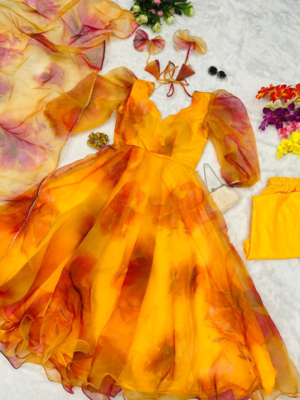 Digital printed pure organza silk Anarkali suit