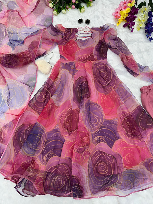 Digital printed pure organza silk Anarkali suit of huge flair with Lace Border