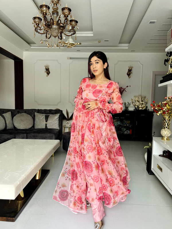 Digital printed organza silk Anarkali suit