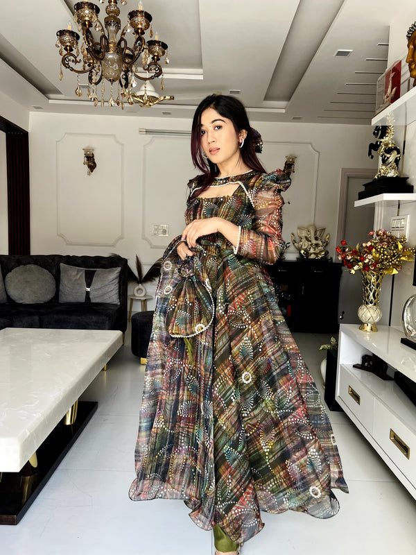 Digital printed organza silk Anarkali suit