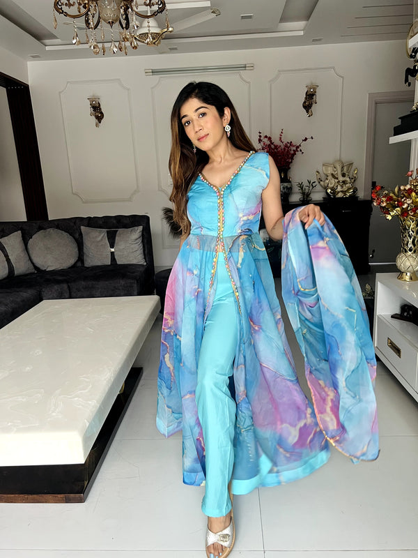 Digital printed organza silk Anarkali suit