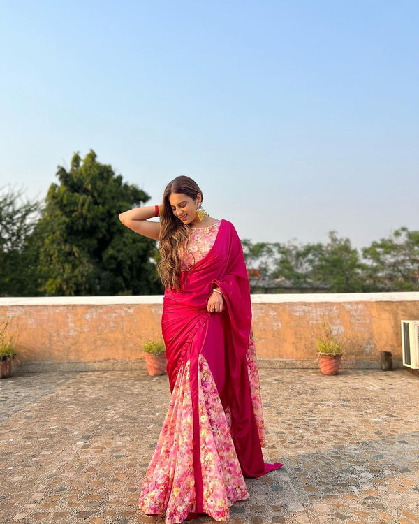 pure Japan Satin silk with printed French net saree