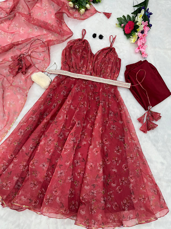 Digital printed pure organza silk Anarkali suit
