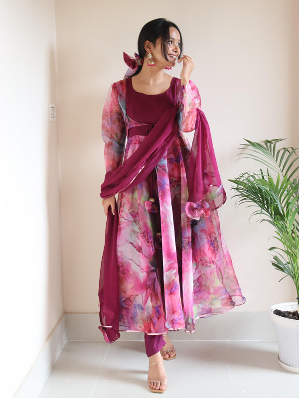 Digital printed pure Organza silk Anarkali suit