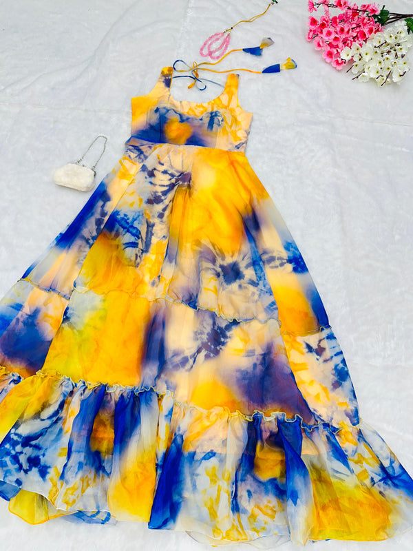 Digital printed pure Jimmy organza silk Anarkali gown