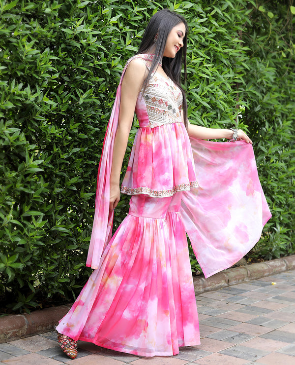 Rose Pink & Green Sharara Set