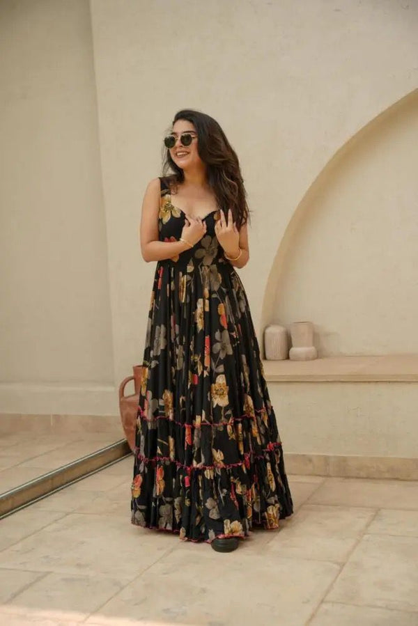 Digital printed pure Jimmy organza silk Anarkali gown