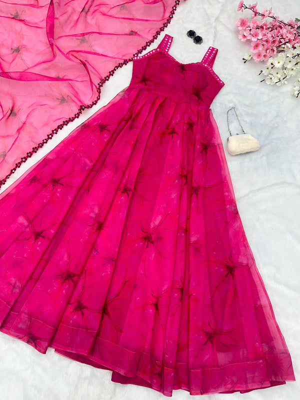 Digital printed pure organza silk Anarkali suit