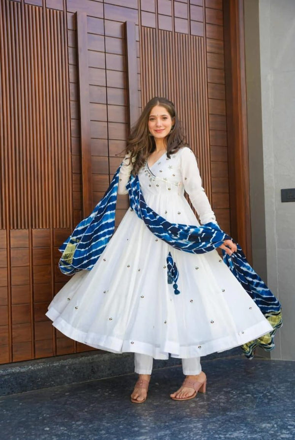 Floral Organza Anarkali Buttersilk Pant Fully Stitched