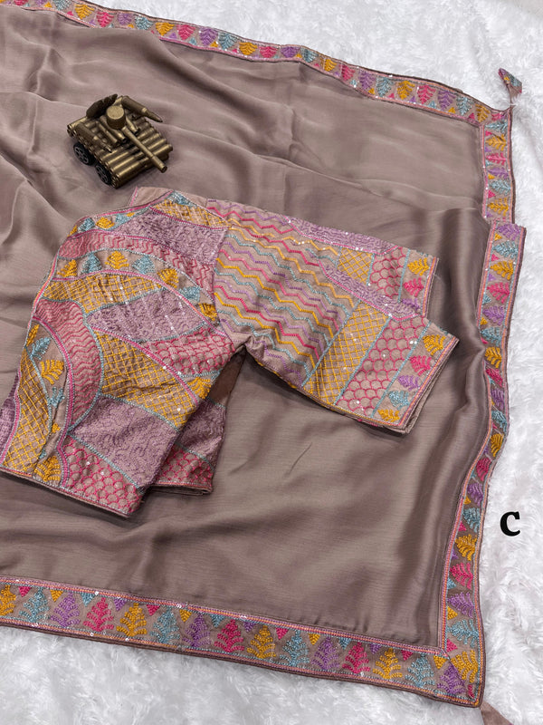 Plan solid saree with embroidery lace