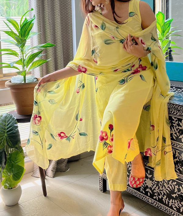 Floral Handpainted georgette kurta with tassels