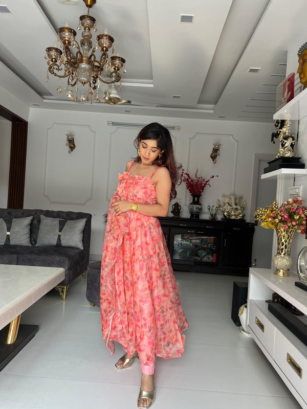 Digital printed pure organza silk Anarkali suit