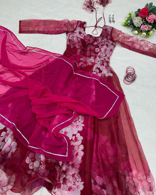 Floral Print Organza Silk Anarkali Suit with Lace Detailed Dupatta