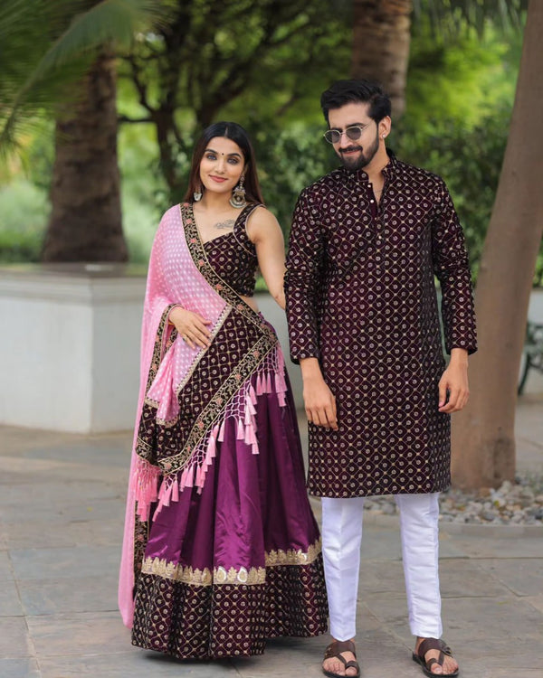 Pink Brown Embroidery Work Lehenga Choli & Men’s Kurta
