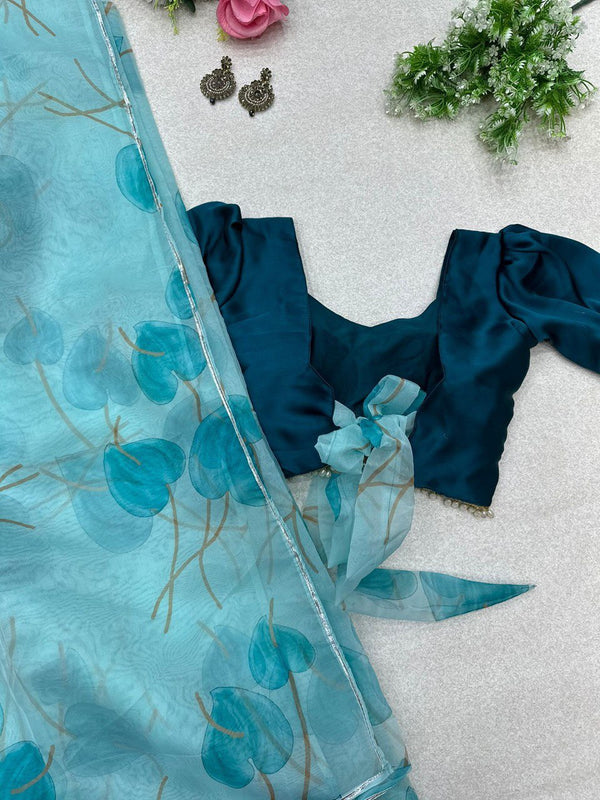 Pure organza silk digital printed saree with designer lace border