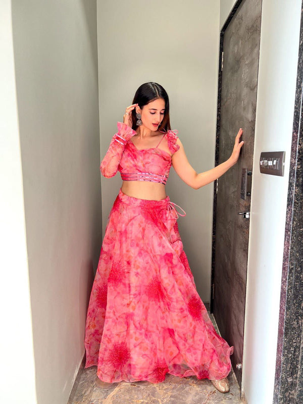 Pure organza silk digital printed lehenga