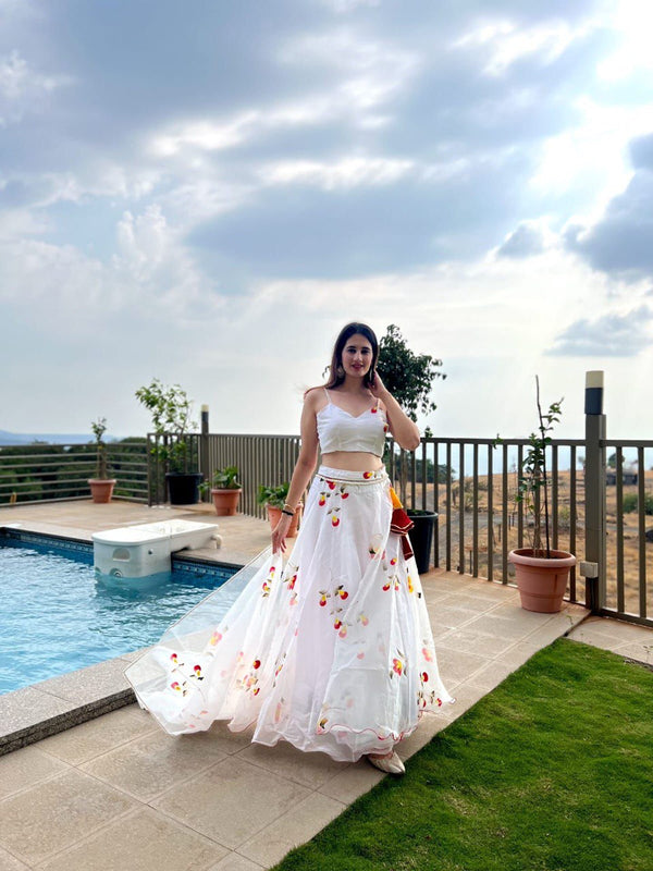 Pure organza silk hand painted with zari work lehenga