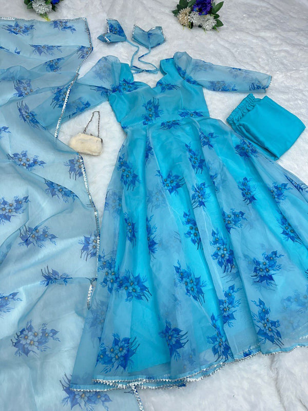 Digital printed organza silk Anarkali suit
