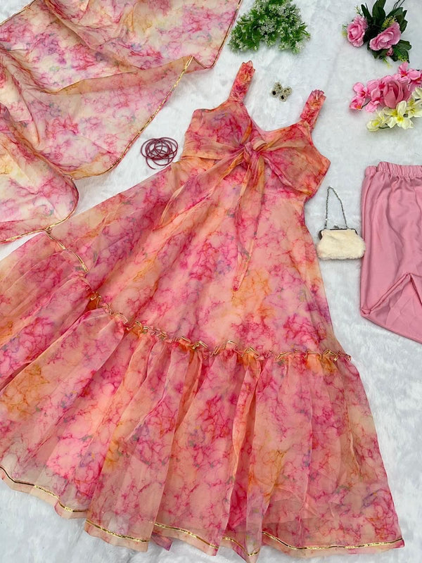 Digital printed organza silk Anarkali suit