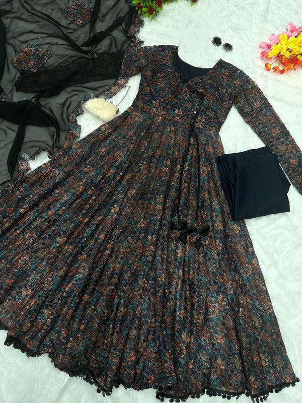 Digital printed French net Anarkali suit with huge flair