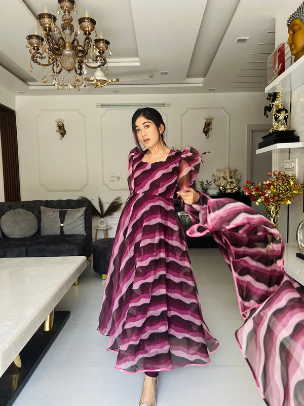 Digital printed pure organza silk Anarkali suit