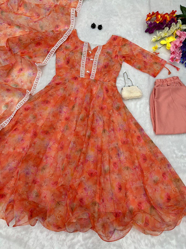 Digital printed pure organza silk Anarkali suit