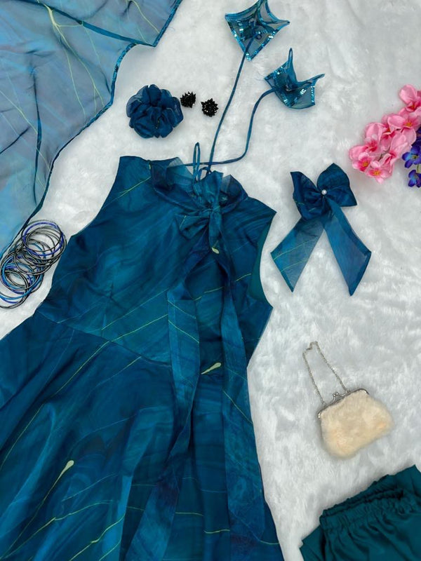 Digital printed organza silk Anarkali suit