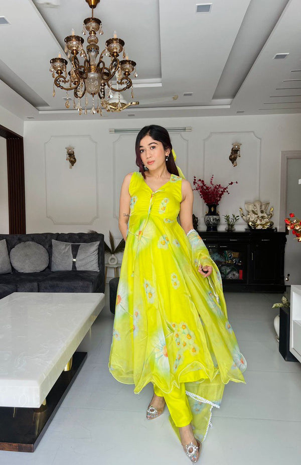 Digital printed organza silk Anarkali suit