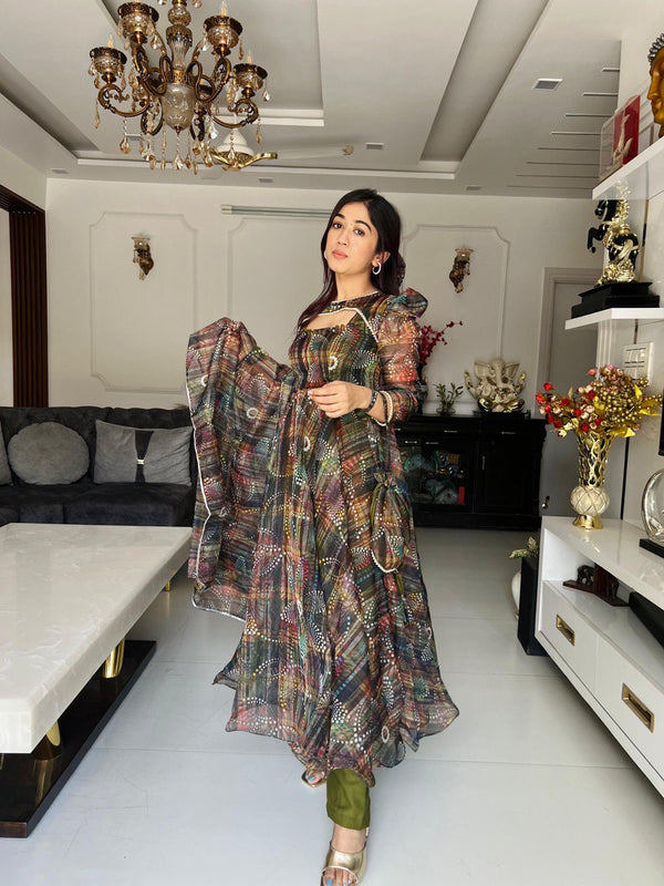 Digital printed pure organza silk Anarkali suit