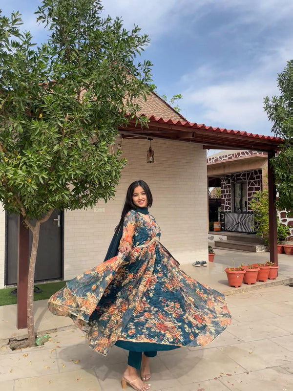 Digital printed French net Anarkali suit