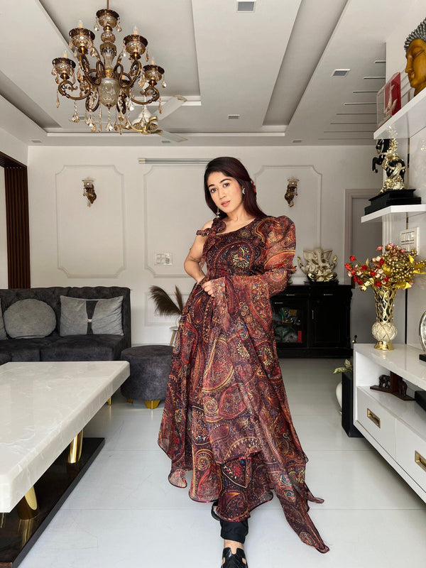Digital printed pure organza silk Anarkali suit