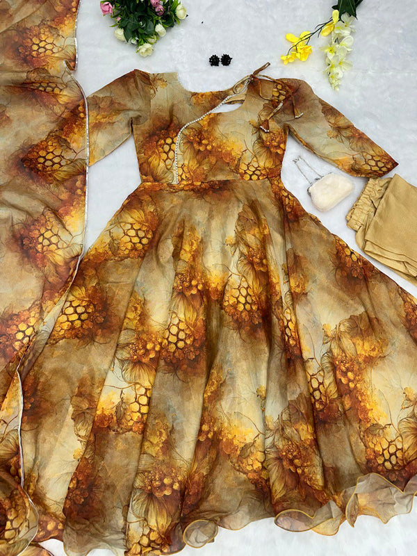 Digital printed pure jimmy organza silk Anarkali suit