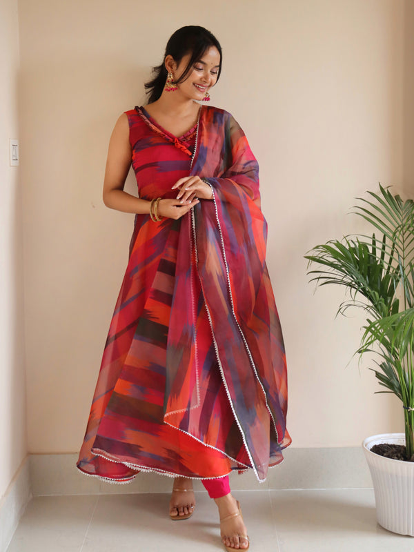 Digital printed organza silk Anarkali suit